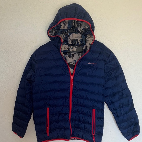 Eddie Bauer Kids Blue Puffer Jacket with Red Accents - Picture 1 of 3